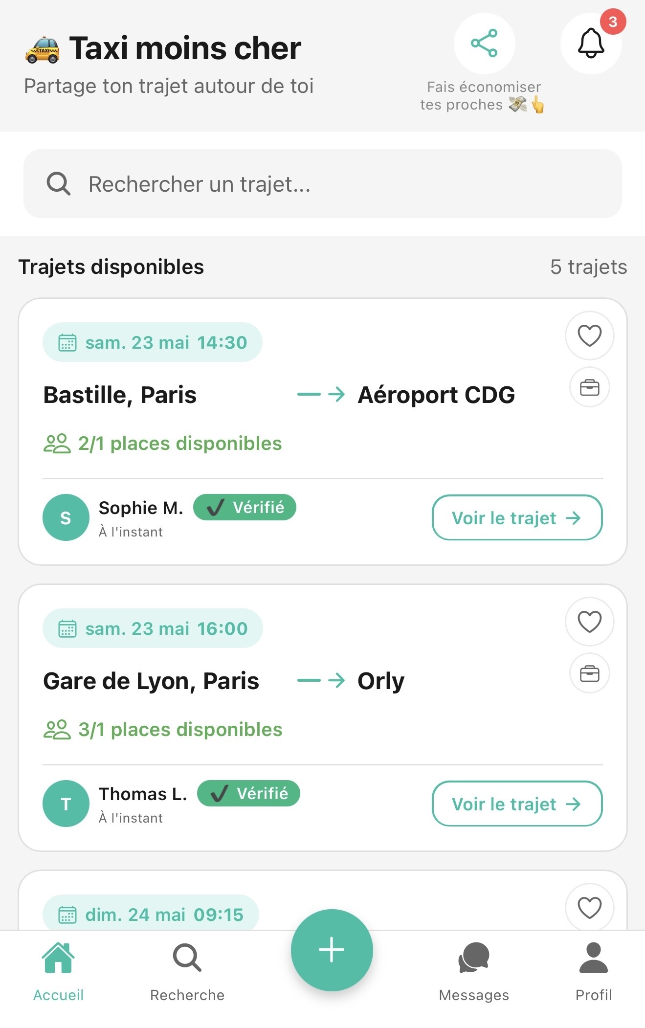 Application Coway — feed des trajets disponibles
