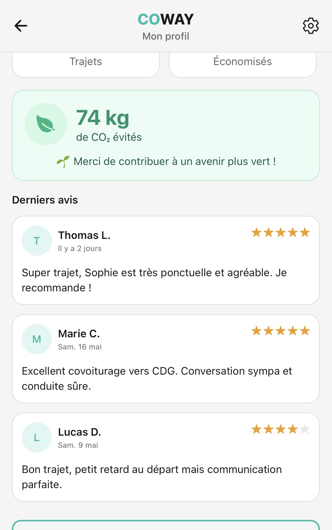 Statistiques utilisateur Coway — avis et CO₂ évité